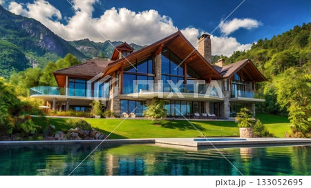 光あふれる湖畔の大豪邸、夢のパノラマビューを楽しむ贅沢空間 133052695