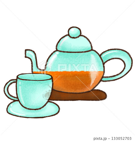ガラスのティーポットとカップの水彩手描きイラスト 133052703