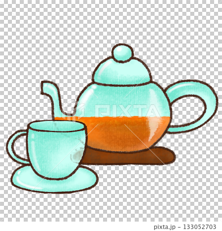 ガラスのティーポットとカップの水彩手描きイラスト 133052703