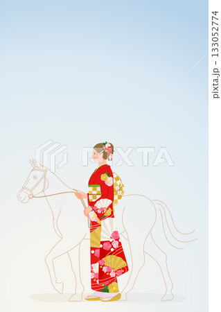 赤い振袖で馬を引く女性（正月・新年・華やか） 133052774