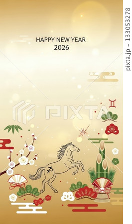 スマホ用午年2026年年賀状背景、白金背景に門松や梅の装飾 133053278