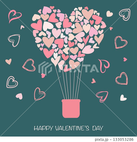 Valentine's Day card. Modern design featuring a heart-shaped balloon made of small, multicolored hearts. Flat style vector illustration. Valentine's Day card. Modern design featuring a heart-shaped balloon made of small, multicolored hearts. Flat style vector illustration. 133053286