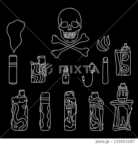 A set of doodle-style electronic cigarettes on a black background. Modern illustrations of smoking, vaping, and nicotine. Quit smoking and vaping. Vector A set of doodle-style electronic cigarettes on a black background. Modern illustrations of smoking, vaping, and nicotine. Quit smoking and vaping. Vector 133053287