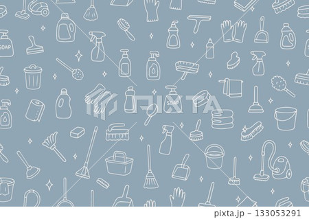 Seamless vector banner with outline cleaning icons on a blue background. Hand-drawn household elements. Vector illustration. 133053291