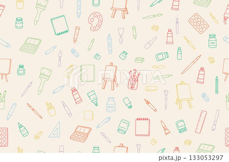 A vibrant, colorful, seamless pattern of doodle art supplies. Hand-drawn vector art supplies. 133053297