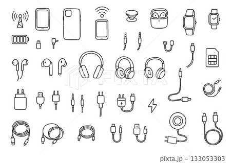 A vector set of doodle-style icons for a line of mobile accessories. Includes icons for chargers, cases, cables, headphones, SIM cards, power banks, Bluetooth headsets, and more. A vector set of doodle-style icons for a line of mobile accessories. Includes icons for chargers, cases, cables, headphones, SIM cards, power banks, Bluetooth headsets, and more. 133053303
