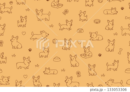 A seamless pattern featuring cute corgis, complete with paw prints, bones, and dog accessories. Perfect for pet-related designs and projects. 133053306