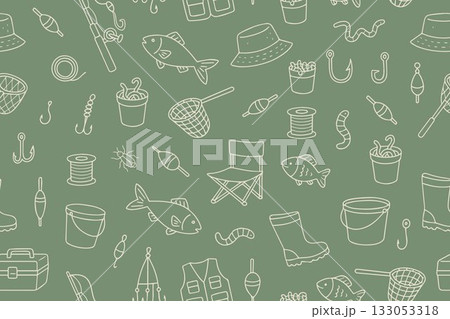 Seamless pattern on the theme of fishing, a simple hand-drawn icons on green background Seamless pattern on the theme of fishing, a simple hand-drawn icons on green background 133053318