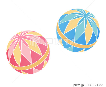 赤と青のカラフルな手まり　和風イラスト素材 133053383