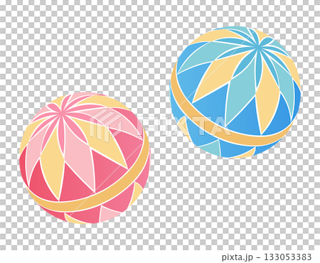 赤と青のカラフルな手まり　和風イラスト素材 133053383