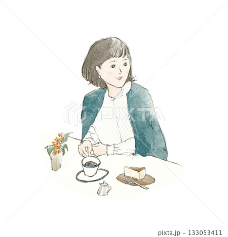 カフェでコーヒーとケーキを楽しむ女性 カフェでコーヒーとケーキを楽しむ女性 133053411