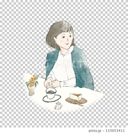 カフェでコーヒーとケーキを楽しむ女性 カフェでコーヒーとケーキを楽しむ女性 133053411