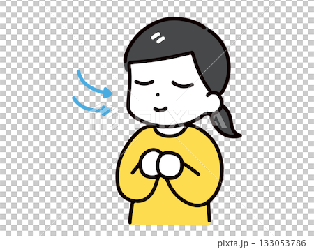 A young woman in casual clothes breathing in through her nose with her eyes closed (upper body) A young woman in casual clothes breathing in through her nose with her eyes closed (upper body) 133053786