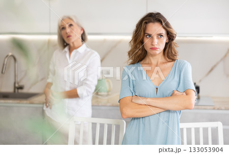 Elderly woman quarreling with adult woman in kitchen Elderly woman quarreling with adult woman in kitchen 133053904
