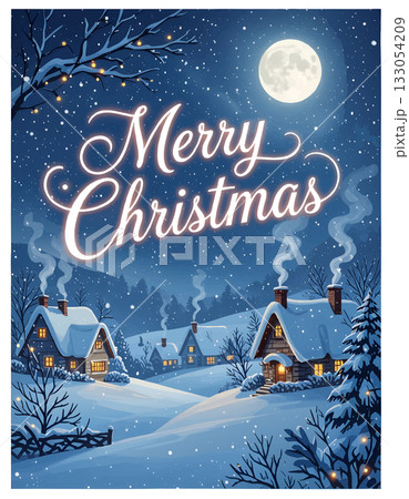 Peaceful Winter Village Christmas Greeting Card Under Moonlight 133054209