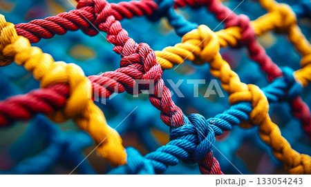 格子状に結ばれたカラフルなロープのクローズアップ 格子状に結ばれたカラフルなロープのクローズアップ 133054243