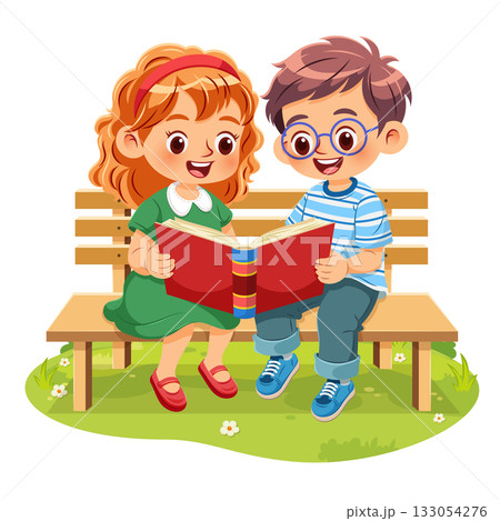 Cute little girl and boy sitting together reading book with interest on a wooden bench in a park with bright green grass 133054276