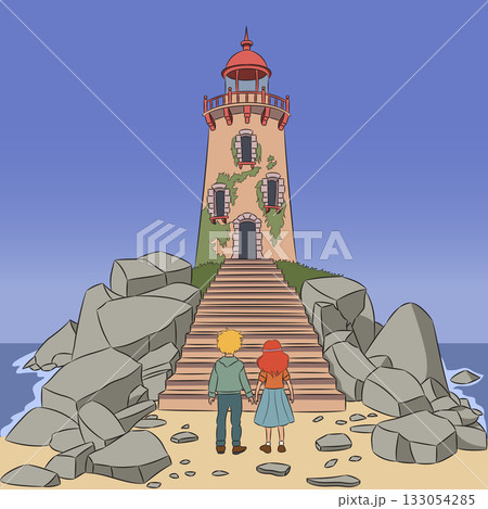 Old lighthouse with staircase in coastal landscape 133054285