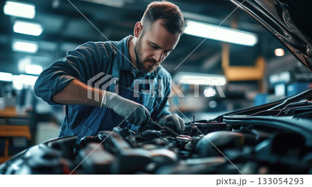 A car mechanic technician repairs a car in an auto repair shop. Generative AI. 133054293