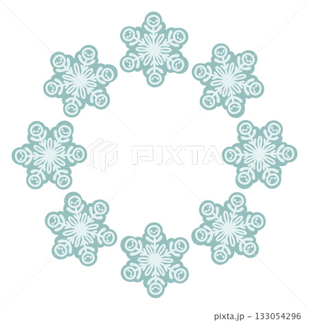 Vector illustration of cute snowflakes arranged in a circular frame. Winter holiday design, Christmas decoration, snowflake wreath, isolated on white background, perfect for greeting cards and prints Vector illustration of cute snowflakes arranged in a circular frame. Winter holiday design, Christmas decoration, snowflake wreath, isolated on white background, perfect for greeting cards and prints 133054296