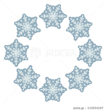 Vector illustration of cute snowflakes arranged in a circular frame. Winter holiday design, Christmas decoration, snowflake wreath, isolated on white background, perfect for greeting cards and prints Vector illustration of cute snowflakes arranged in a circular frame. Winter holiday design, Christmas decoration, snowflake wreath, isolated on white background, perfect for greeting cards and prints 133054297