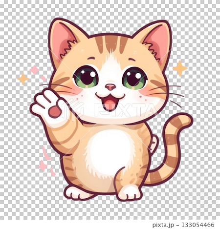 一幅流行插畫，描繪了一隻貓舉起爪子打招呼的場景。 133054466