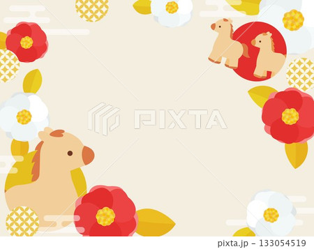 華やかでかわいい椿と馬のフレーム背景 133054519