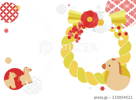 椿飾りのしめ縄フォトフレームの年賀状 2026午年 右寄せ 133054521