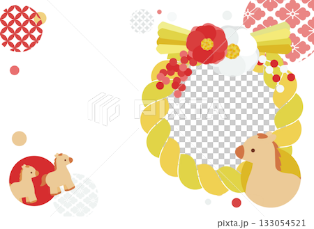 椿飾りのしめ縄フォトフレームの年賀状 2026午年 右寄せ 133054521