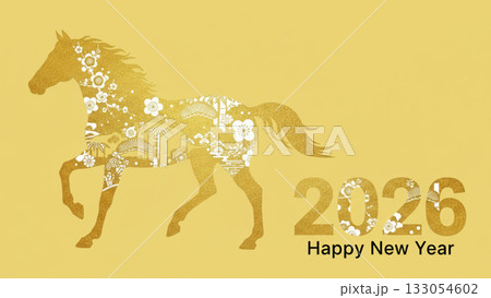 黄色背景に金の和柄馬が映える2026年賀状 明るく華やかな新年デザイン 黄色背景に金の和柄馬が映える2026年賀状 明るく華やかな新年デザイン 133054602