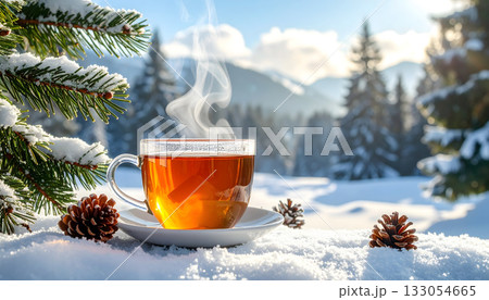 森の中の雪の上に置かれたガラスのティーカップ 森の中の雪の上に置かれたガラスのティーカップ 133054665
