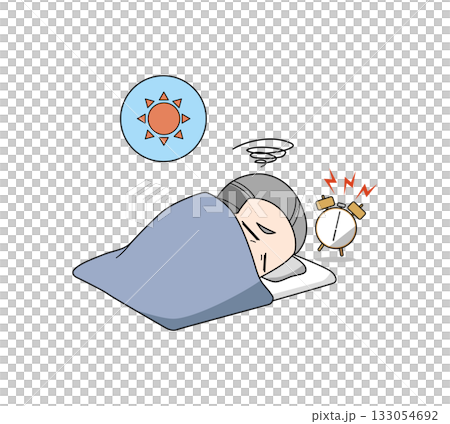 一幅描繪一位難以起床的老人的插圖 一幅描繪一位難以起床的老人的插圖 133054692