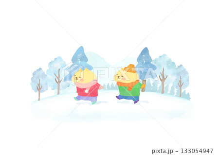 冬の雪景色を楽しむかわいい猫 水彩イラスト素材 冬の雪景色を楽しむかわいい猫 水彩イラスト素材 133054947