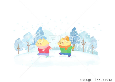 冬の雪景色を楽しむかわいい猫　水彩イラスト素材 133054948