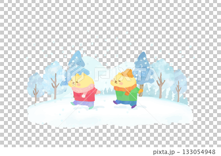 可愛的貓咪欣賞冬日雪景的水彩插畫 133054948