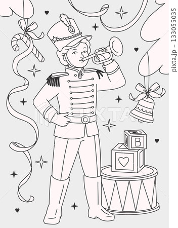 Detailed line art of a vintage toy soldier playing a trumpet with festive ribbons and a bell. A classic Christmas and New Year coloring page outline for a fun holiday activity. 133055035