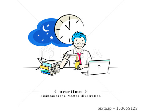 残業するビジネスマン|夜食にカップ麺を食べる|ビジネスシーン 残業するビジネスマン|夜食にカップ麺を食べる|ビジネスシーン 133055125