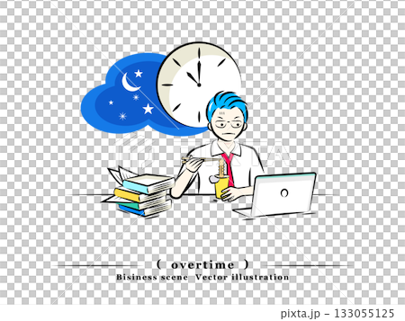 残業するビジネスマン|夜食にカップ麺を食べる|ビジネスシーン 残業するビジネスマン|夜食にカップ麺を食べる|ビジネスシーン 133055125