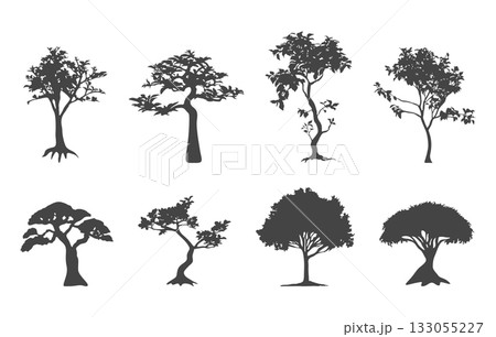 A set of black tree silhouettes, Tree svg, Tree silhouette set, Forest tree svg, Tree vectors, Evergreen tree silhouette. 133055227