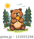 森の中でハチミツを食べるクマのイラスト 133055298