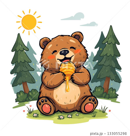 森の中でハチミツを食べるクマのイラスト 133055298
