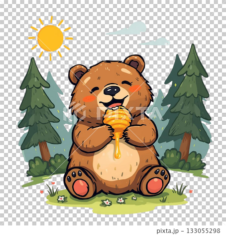 森の中でハチミツを食べるクマのイラスト 133055298