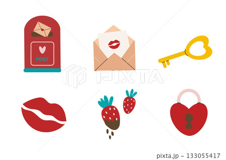 Valentine's Day craft set: lock and key, mailbox, letter, kiss, and chocolate-covered strawberries. Perfect for scrapbooking, greeting cards, party invitations, and gift tags. 133055417