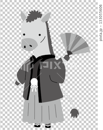 Horse in Japanese clothing holding a fan, monochrome 133055606