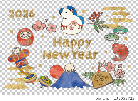New Year's card template with horse decorations and New Year's lucky charms 133055723