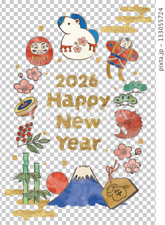 New Year's card template with horse decorations and New Year's lucky charms 133055724