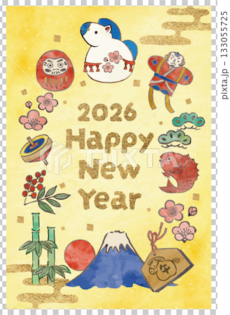New Year's card template with horse decorations and New Year's lucky charms 133055725