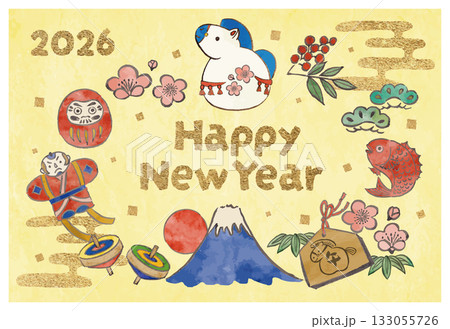 馬の飾りと正月の縁起物の年賀状テンプレート 133055726