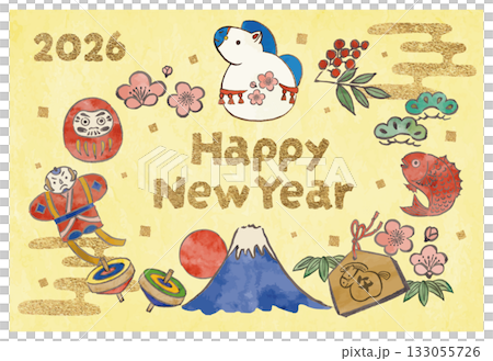 馬の飾りと正月の縁起物の年賀状テンプレート 133055726