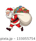 プレゼントが入った大きな袋を持って走るサンタクロースのイラスト 133055754